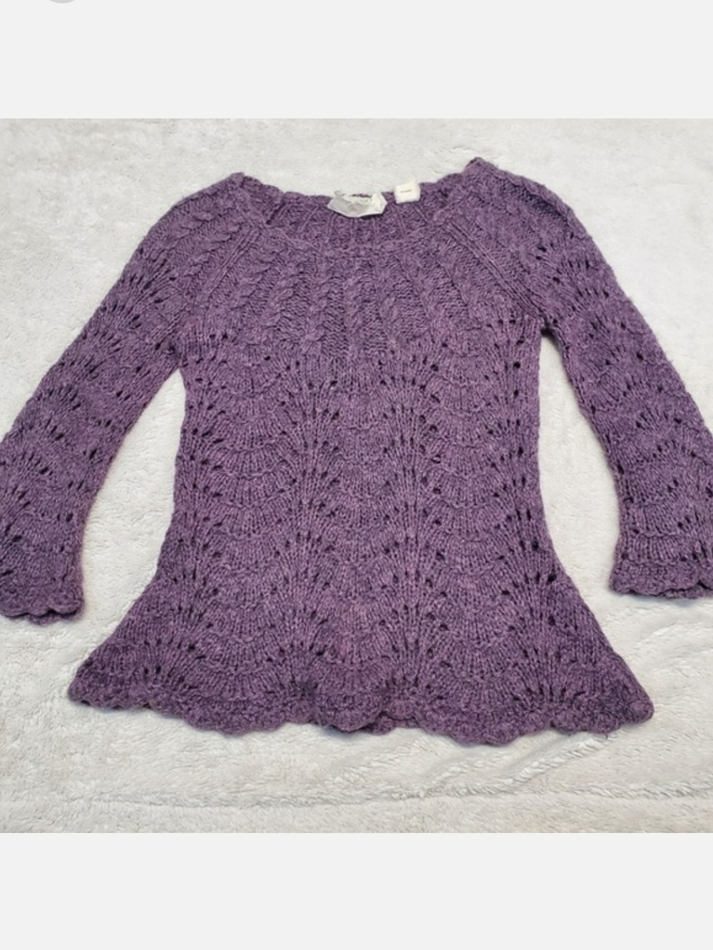 Sparrow Purple Knit Wool Blend Scalloped Sweater Women XS Cozy Casual Comfy Boho